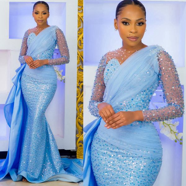 Abiti da sera eleganti a sirena azzurro cielo Collo trasparente Maniche lunghe Abiti da ballo in pizzo con paillettes per occasioni speciali Abito da festa di compleanno per donne nere africane AM318