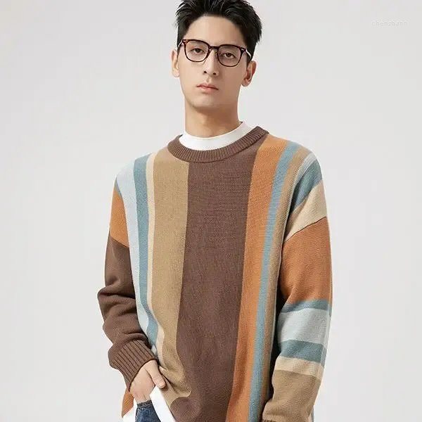 Erkek Sweaters Sonbahar Kişiselleştirilmiş Retro Düzensiz Çizgili Süvari Gevşek Moda Örgü Çift Noel Örgü Jumper