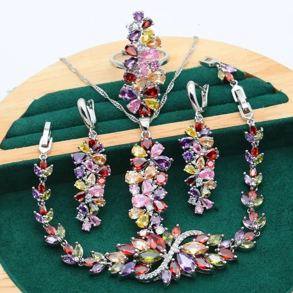 Conjunto de joias de prata 925 topázio roxo multicolorido para mulheres pulseira brincos colar pingente anel presente de aniversário 4 peças 240102