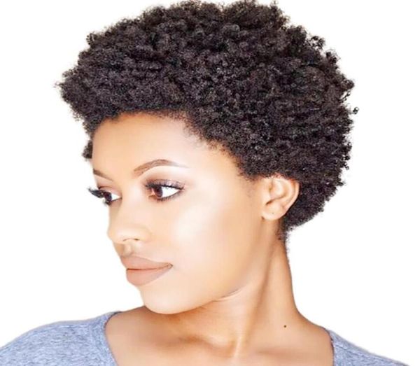 Короткий вьющийся афро парик Fluffy Kinky 100 Парики из натуральных волос Машинная завивка Бразильские парики без кружева для чернокожих женщин3314552