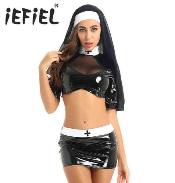 IEFiEL Mulheres Adultos Sexy Naughty Nun Cosplay Trajes Halloween Roleplay Outfit Top curto com mini saia bodycon e capacete H228889608