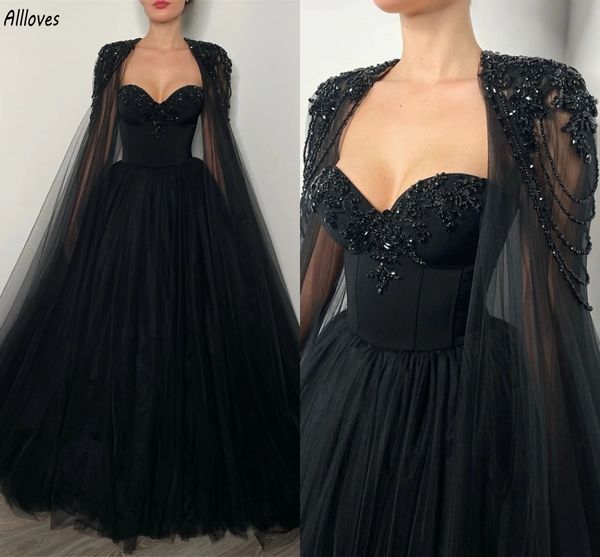 Abiti da sera con perline principali in tulle nero gotico con mantella lunga a spalla avvolgente Sweetheart Plus Size Donne Occasioni speciali Abiti da ballo di fine anno Dubai Arabian CL3137