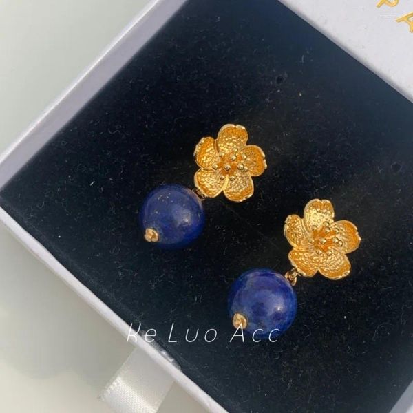 Brincos pendurados LONDANY Retro Natural Lapis Lazuli Simples Acessórios High-end Elegante Flor Rodada Bead Feminino