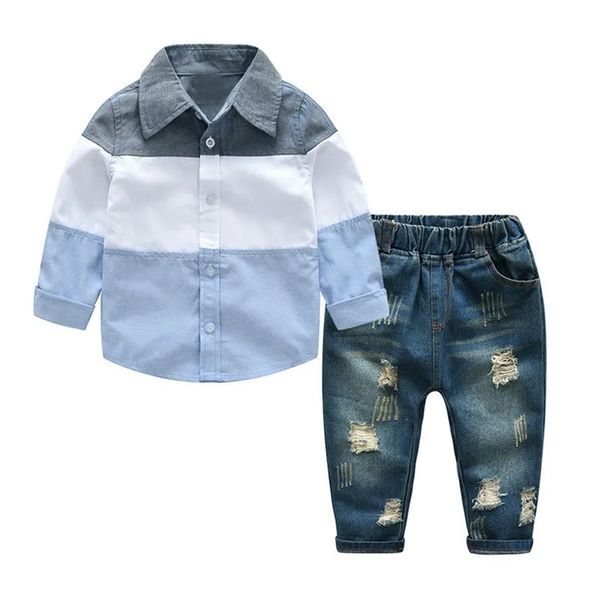 Frühlings- und Herbst-Freizeitanzug für Jungen und Kinder, 2 Stück gestreiftes Baumwollhemd + zerrissene Jeans und Hosen/Set Herren-Kinderkleidung