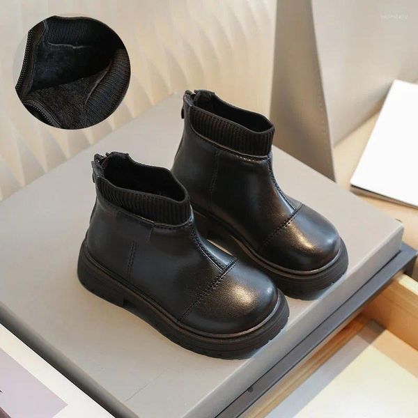 Stiefel Kinder PU Leder Kurze Koreanische Mode Gestrickte Socken Schuhe Plattform Mädchen Schuhe Frühling Winter Ankle Botas Größe 26-36