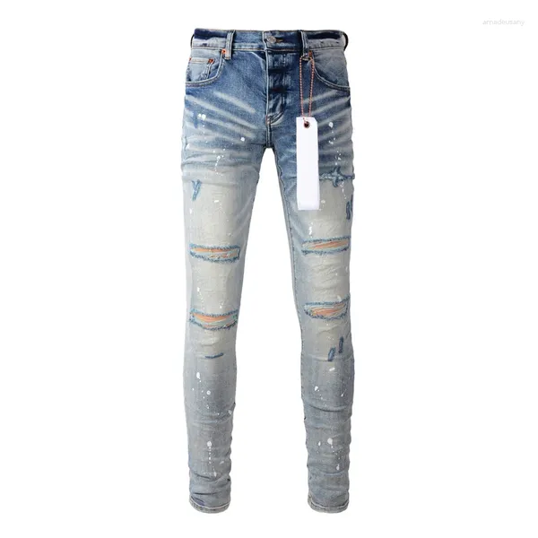 Herrenjeans High Street Blue Denim Slim Paint Graffiti Muster Beschädigtes Loch Stretch Ripped Marke Destroyed Ligh