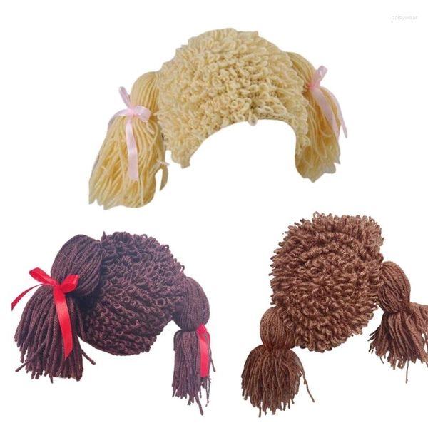 Berets Kid Pigtail Peruca Crochet Cap Trança Chapéu Princesa Cabelo Longo Inverno Malha