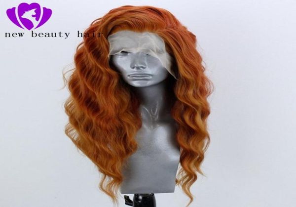 180 densidade orangecopper onda de água vermelha perucas sintéticas do laço longo solto encaracolado perucas dianteiras do laço sintético para preto women1848146