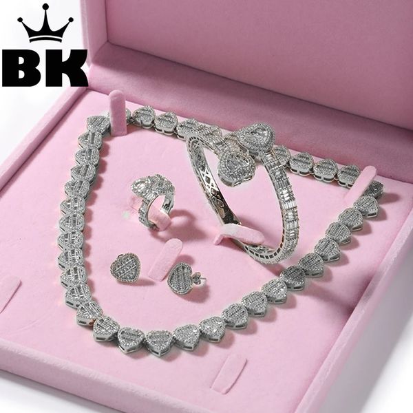 The bling king adorável conjunto de jóias para mulheres em forma de coração colar de corrente ajustável pulseira de coração aberto anel de coração brinco 240102