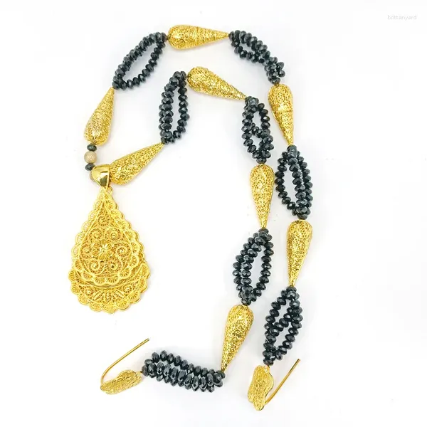 Anhänger-Halsketten, arabischer Hochzeitsschmuck, luxuriöse Perlenkette, vergoldete algerische lange Kette für Frauen