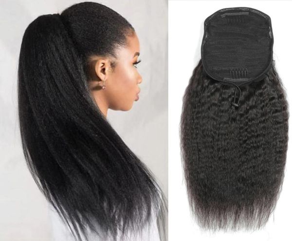 Kinky em linha reta cabelo humano rabo de cavalo brasileiro extensões de cabelo com clipes em barato grosso yaki rabo de cavalo cordão f9358761