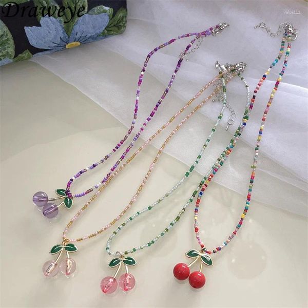 Anhänger Halsketten Draweye süß für Frauen Kirsche bunte Perlen Mädchen Geschenk Schmuck koreanische Mode süße Halsreifen Halskette