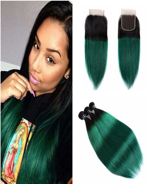 Cabelo humano virgem brasileiro tece com fechamento de renda 1b verde escuro ombre cabelo humano tece com fechamento de renda cabelo reto extensi4494124