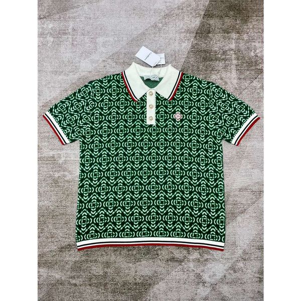 24ss Kazablanka İnci Düğmesi Kuru Polos En Kalite Tasarımcı Sıradan Unisex Jacquard Yarım Kollu Üstler Yeşil Polo Gömlek