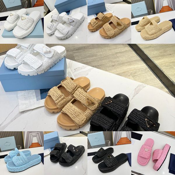 Pradity Häkel-Bast-Hausschuhe, Sandale, dreieckige Schnalle, Espadrille, Designer-Schuhe, Flatform, Stroh, Keilabsatz, dicker Boden, Pantoletten, Slides, Pool-Strand-Espadrille