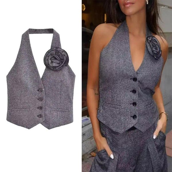 Canotte da donna Moda donna Gilet floreale con scollo a V Grigio Scollo a V senza maniche Bottone ritagliato Sexy con spalle scoperte Pantaloni larghi a gamba larga