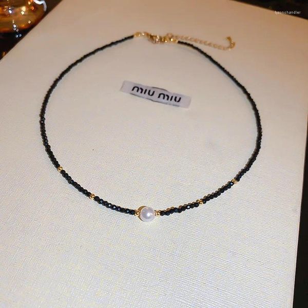 Anhänger Halsketten Schwarze Kristallschnur Perlen Halsband Perlenkette Schlüsselbeinkette Frauen