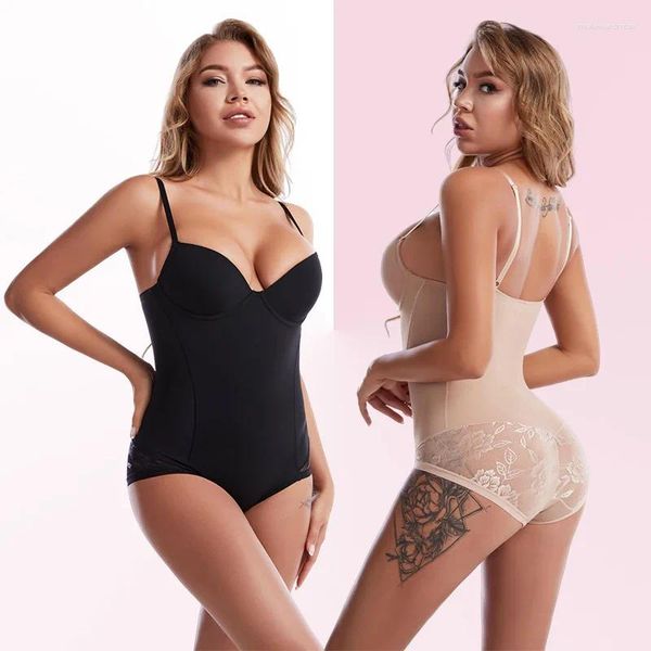 Modeladores femininos renda v pescoço cinta espaguete bodysuits compressão ternos do corpo aberto virilha shapewear emagrecimento shaper suavizar bodysuit