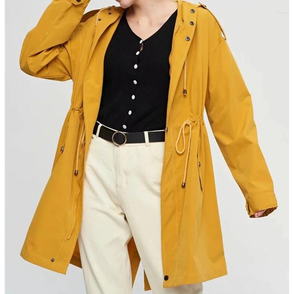 Giubbotti da donna 2024 Casual Coulisse Vita alta Allentato Autunno Giallo Outwear Giacca Moda femminile Manica lunga Cappotto con cappuccio Streetwear