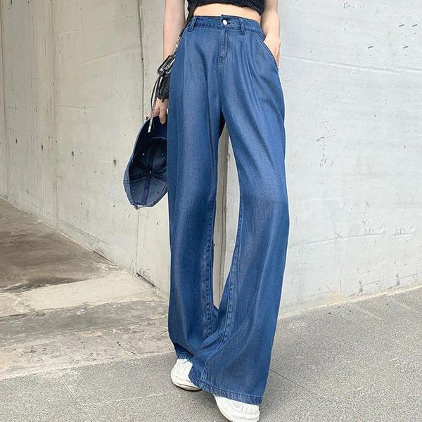 Pantaloni da donna Biyaby Moda Seta del ghiaccio Gamba larga Donna 2024 Pantaloni larghi a vita alta Donna Blu scuro Dritto Streetwear Femminile