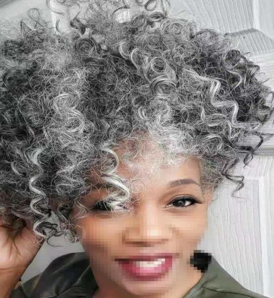 Moda e pimenta cinza encaracolado penteado real rabo de cavalo estilo afro puff 14 polegadas prata cinza cabelo humano extensão de rabo de cavalo para preto 1436013