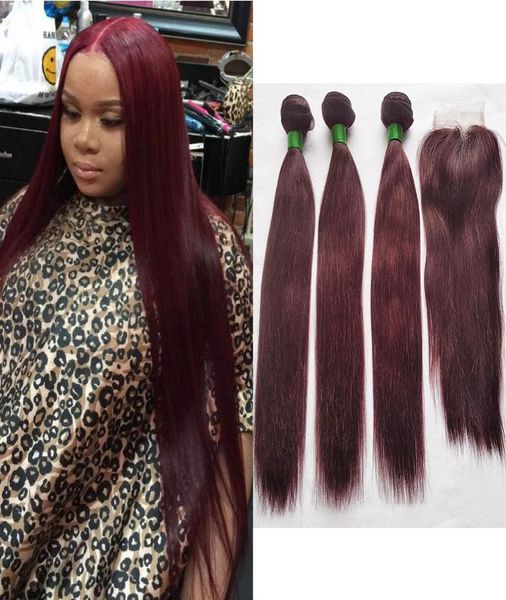 Cabelo humano reto brasileiro 99J Borgonha 3 pacotes com 4x4 parte do meio fechamento de renda vinho vermelho extensões de cabelo comprimento 1224 polegadas2961822