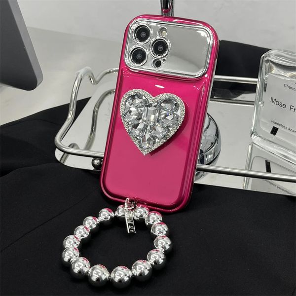 Koreanisches vergoldetes kreisförmiges Armband mit Anhänger und großem Fenster, geeignet für iPhone 13 Pro Max 14 Plus 12 11, Diamant-Herz-Spiegelhalter 240102