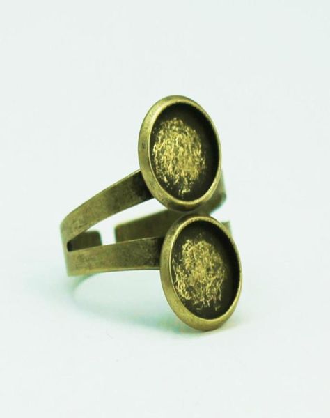 Beadsnice base de anel duplo para fazer joias, bases de anel ajustáveis de latão antigo com duas bandejas de moldura redonda de 10 mm ID 27923333