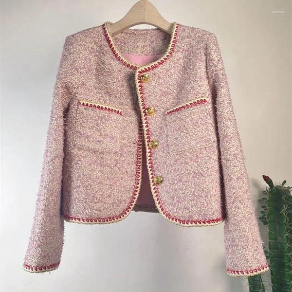 Kadın Ceketleri Lüks Vintage Tweed Yün ve Palto Kadınlar Sonbahar Kış Pist Tasarımcısı Uzun Kollu Dış Giyim Ofisi İnce Tops 2024