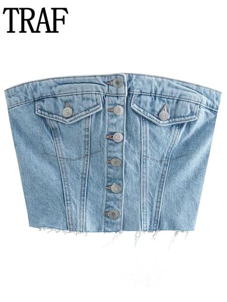 Canotte TRAF Blu Crop Top Donna Corsetto di jeans Top Donna Y2K Spalle scoperte Top a tubo sexy Donna Party Fashion Estate Tops Streetwear