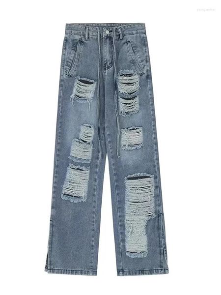 Erkekler Kot 2024 Y2K Sokak Giyim Baggy Alevli Yırtık Pantolon Kadın Giyim Düz Bacak Eski Denim Pantolon
