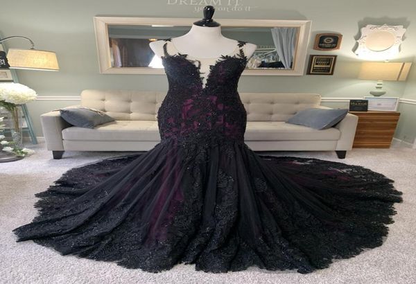 Vestido de casamento sereia gótico roxo preto com renda de lantejoulas sem mangas vestidos de noiva coloridos não brancos customizados 6341048