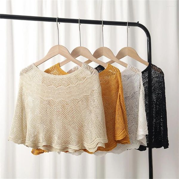 Scarves Women Crochet Crop Tops Hollow Out Shrug Poncho Shawl Wrap Crewneck Summer Beach Cover Up Shoulders Pullover Lace Blouse