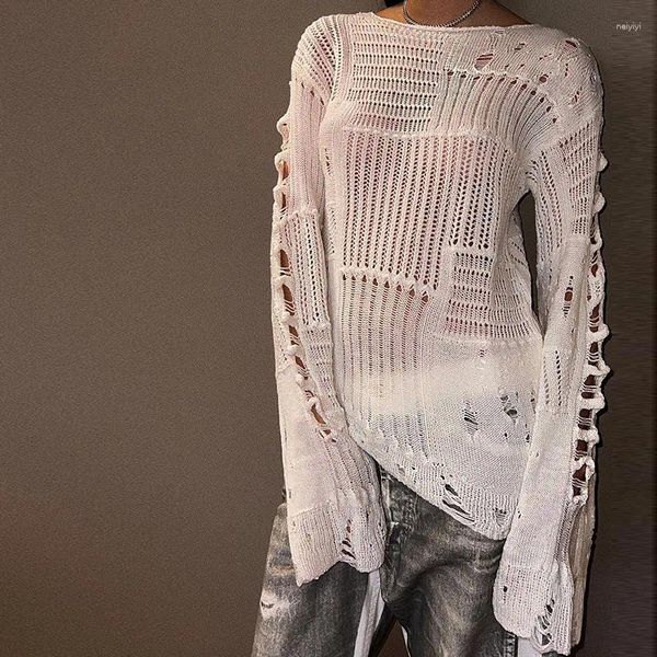 Maglioni da donna Tendenza 2024: Top a maniche lunghe dal design ritagliato Maglione trasparente traforato stile ampio e pigro