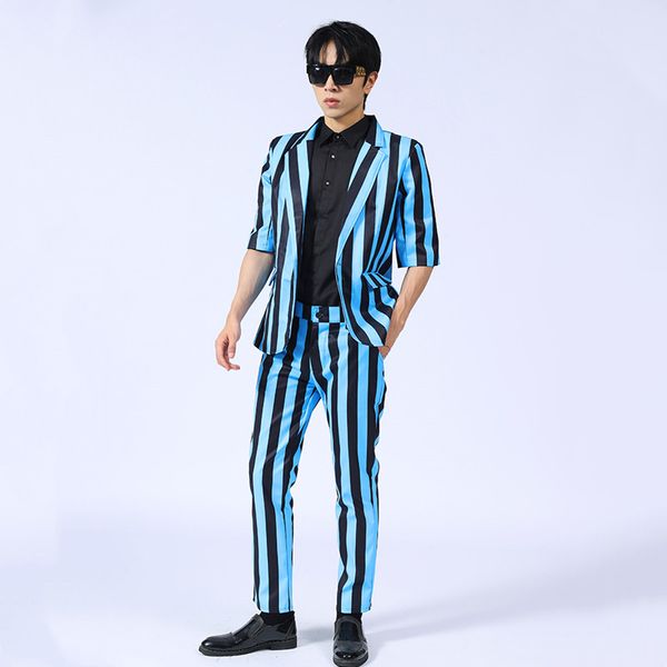 Koreanischer Stil für Herren, lässig, gestreift, Blau, Schwarz, Einknopf, schmale Passform, Stehkragen, Blazer, Hosenanzug, Bar, Sänger, Bühne, Friseur, Nachtclub, Party, 2-teiliges Set