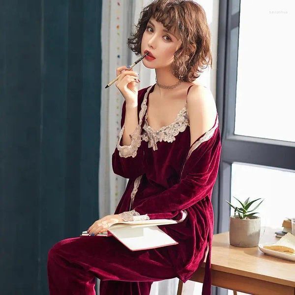 Mulheres sleepwear senhoras outono inverno pijamas sexy suspensórios ouro veludo mangas compridas camisola conjunto oversize loungewear três peças