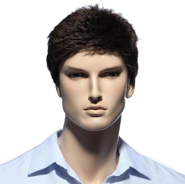 Perucas retas curtas masculinas, resistente ao calor, fibra japonesa, cabelo natural marrom escuro, peruca sintética masculina, cor preta, toupee8850699