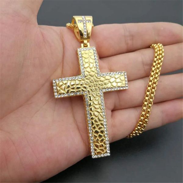 Iced Out CZ Großer großer Kreuz-Anhänger mit Kette, goldene Farbe, 14 Karat Gelbgold, Herren-Halskette, Hip-Hop-Bling-Bling-Schmuck