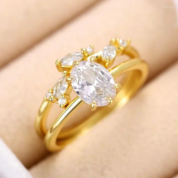 Anéis de cluster Caoshi elegante cor de ouro oval zircônia 2 peças conjunto para mulheres dupla empilhável moda jóias cerimônia de noivado