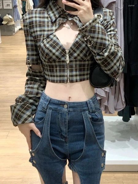 Frauen Blusen Sexy Aushöhlen Plaid Chemise Femme Lange Hülse Dünne Zipper Crop Tops Shirts Y2k Koreanische Vintage Schlank hohe Taille Camisa