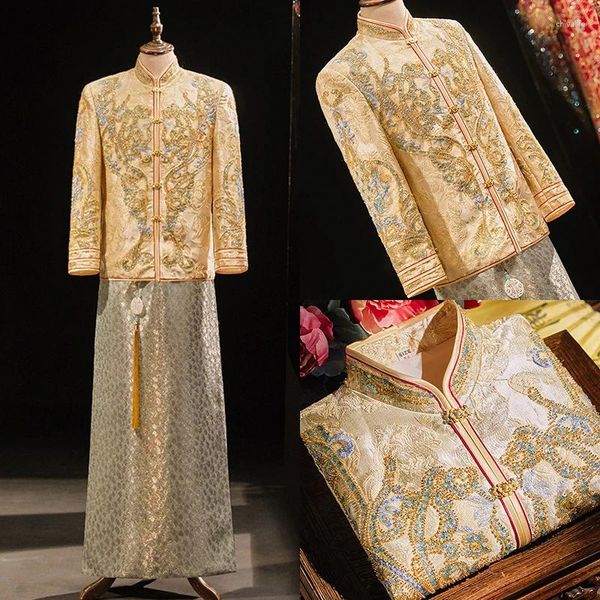 Ethnische Kleidung Große Größe Chinesische Hochzeit Bräutigam Kostüm Retro Klassische Männer Tang-anzug Hanfu Exquisite Goldene Satin Stickerei Toast