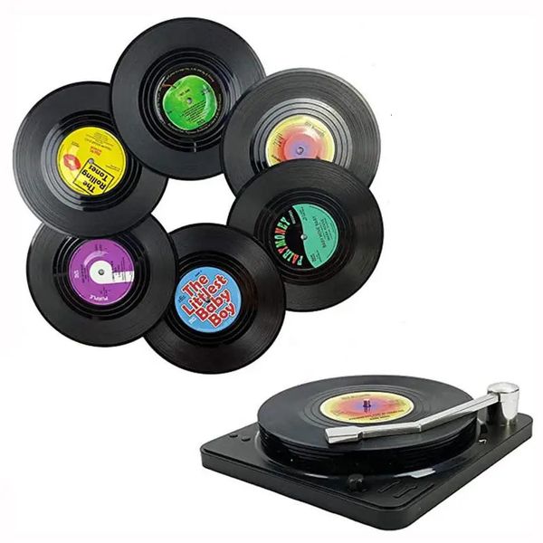 Porta-copos exclusivos de 6 vinil para bebidas, música com suporte para toca-discos retrô, porta-copos para caneca, tapete 240102