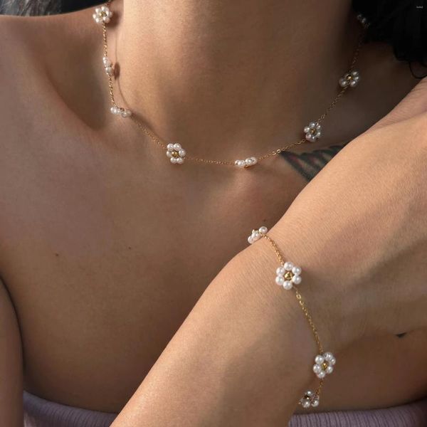 Colares de pingente de aço inoxidável boêmio imitação pérola flor frisada colar para mulheres tornozeleira gargantilhas pulseira corpo cadeia jóias