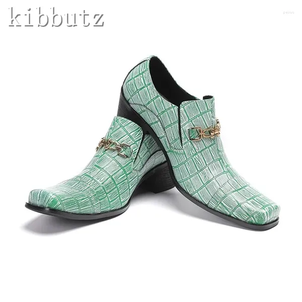 Scarpe eleganti da uomo in vera pelle verde fatte a mano di lusso con tacco alto da 6 cm, punta quadrata, calzature da matrimonio per feste aziendali