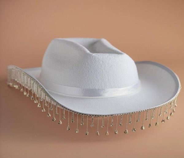 Cappelli a tesa larga con frange di diamanti bianchi, cappello da cowgirl, signora cowboy, regalo da damigella d'onore, cappello da sposa estivo country WesternWide2057248