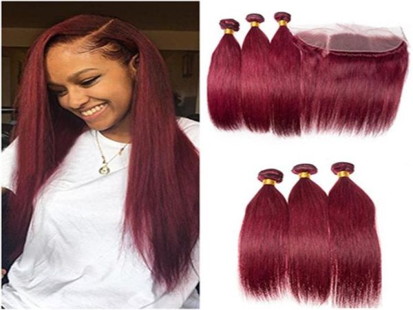 Бразильские винно-красные человеческие волосы, 3 пучка с прямыми фронтальными прядями 99J, бордовые красные пучки волос с полной кружевной передней частью 13x48987112