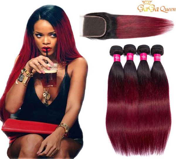 Fasci di capelli umani bordeaux bicolore Ombre vergini peruviane malesi dritte con chiusura in pizzo 1B 99j Vino rosso colorato Ext3955333