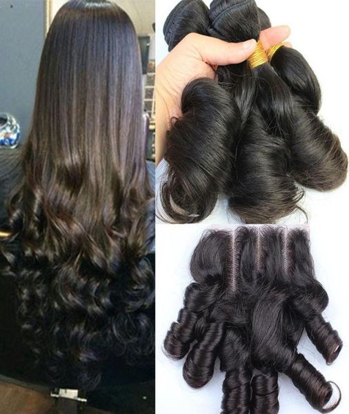 Tia Funmi Cabelo Humano Brasileiro com 44 Fechamento de Renda Cachos Romance 3 Pcs Funmi Pacotes de Cabelo Humano Com Fechamento 3 Vias Parte 4 PcsLo3671493