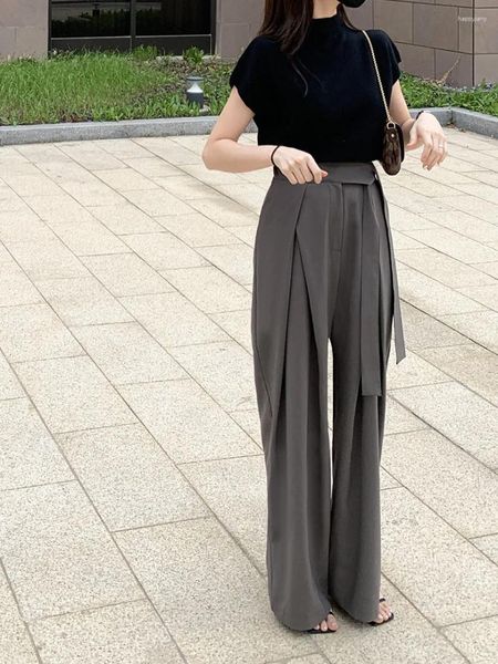 Calças femininas 2024 coreano chique nicho tudo cintura alta pressão plissada design de ligação assimétrica sag perna larga esfregando calças femininas