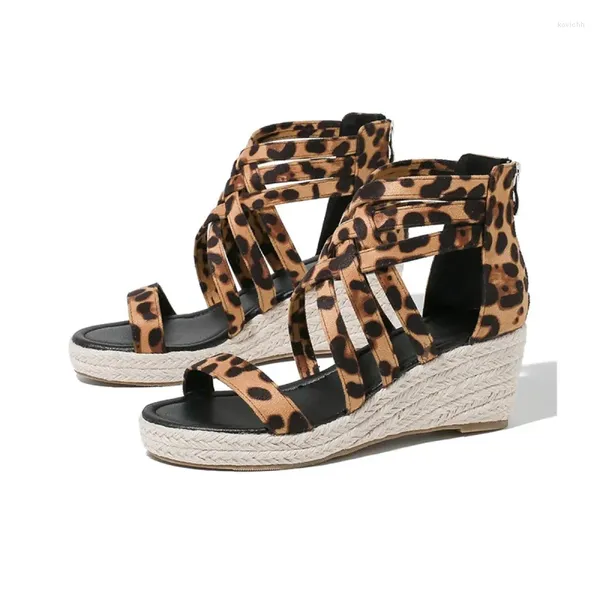 Sandalen Sommer Damen Keilabsatz Dickbesohlte Hochhackige Offene Zehen Leopardenmuster Strohseilsohle Große Schuhe